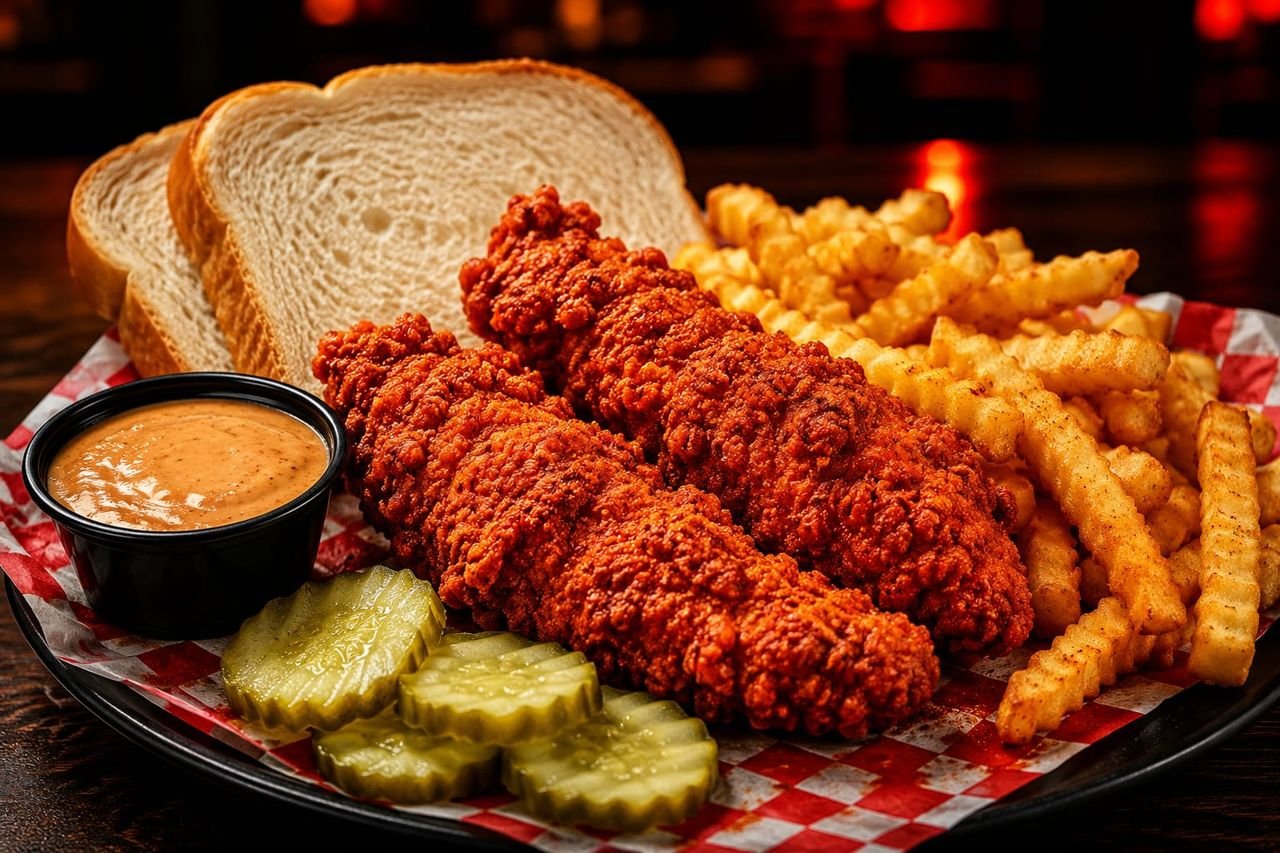 Dave's #1 style meal: two hot chicken tenders with fries, sliced bread, pickles and Dave's sauce