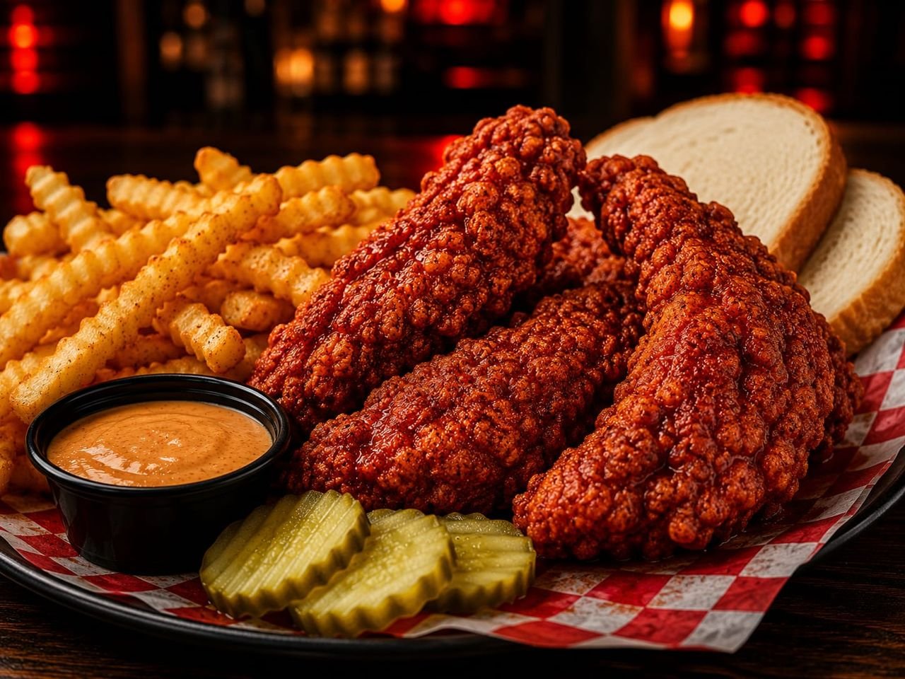 Close-up of crispy Nashville-style hot chicken tenders with fries, pickles and Dave's sauce